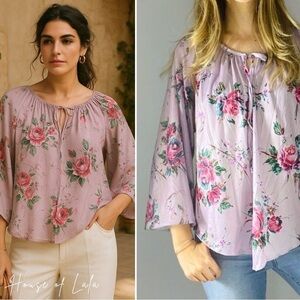 𝅺VINTAGE 70s lilac floral flowy boho top. Flared sleeve.